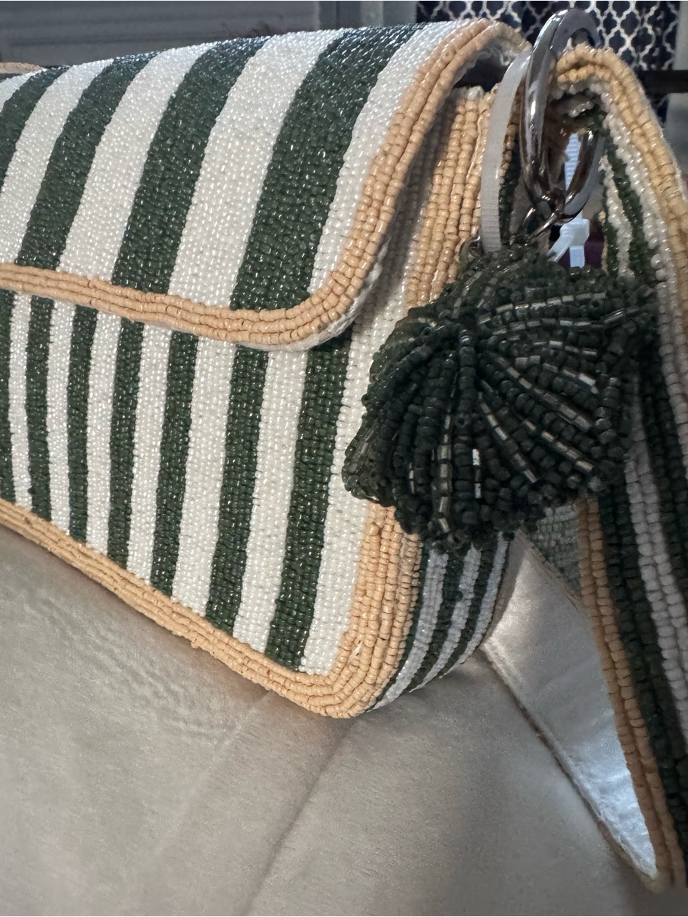 NWT Viral Beaded Green & White Striped Shoulder Bag Handcrafted India - Picture 3 of 5